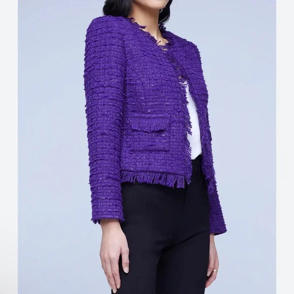 L'Agence Angelina Purple Tweed Open Blazer Jacket - Picture 3 of 9